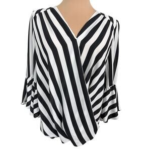 INC International Concepts Stripe Wrap Womens S Black White Ruffle Sleeve Top